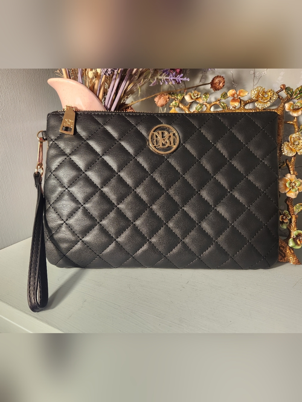 Badgley Mischka Black Quilted Leather Wristlet Clutch with Gold Logo